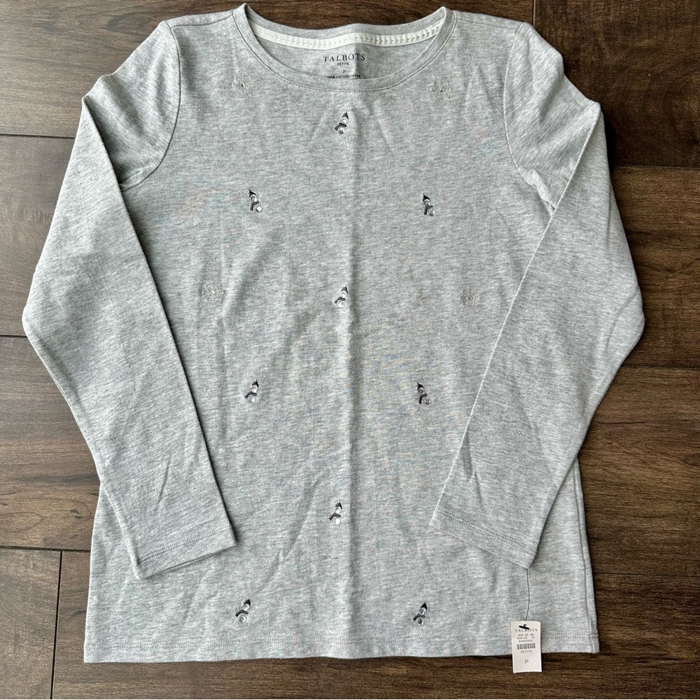 Talbots NWT Crystal Snowman Long-sleeve Gray Tee - Petite Small - 100% Cotton